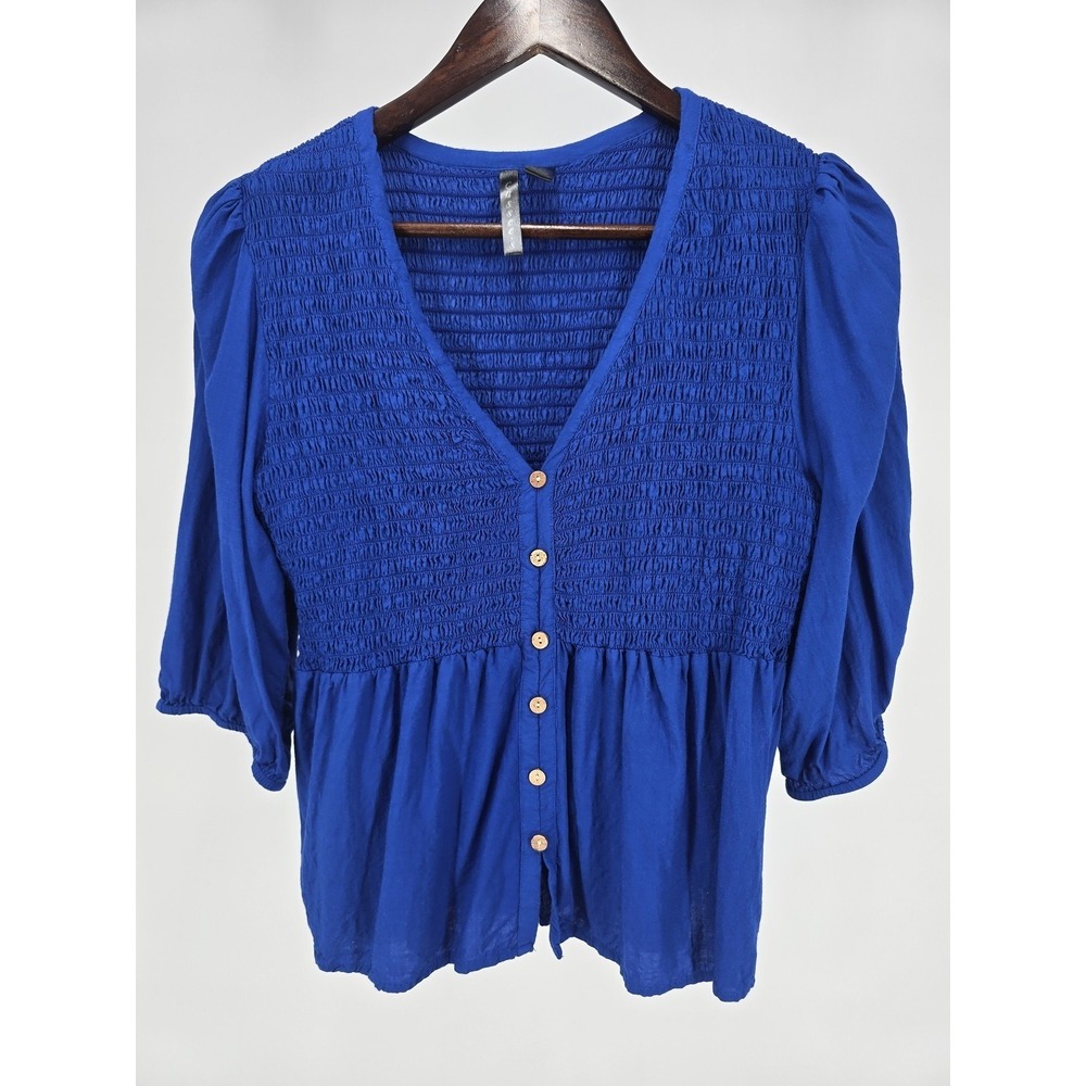Cassies Royal Blue Smocked Peplum Blouse Womens 2X Boho Cottagecore Puff Sleeve